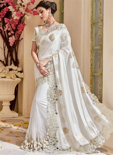 white silk  net embellished designer wedding saree