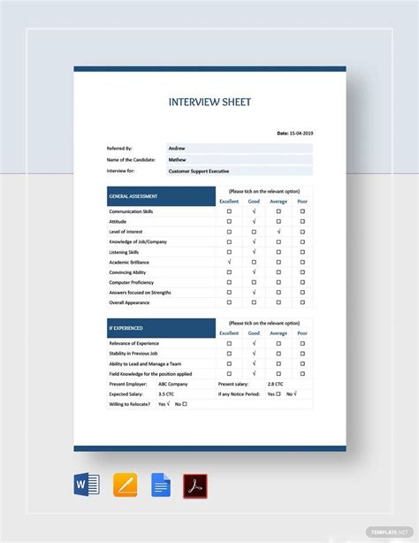 interview sheet template  pages word google docs