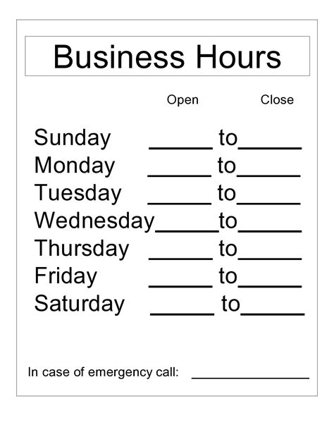 printable  business hours template  printable templates