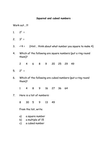 squared and cubed numbers worksheet teaching resources