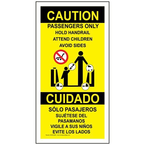 caution hold handrail attend children avoid sides bilingual escalator