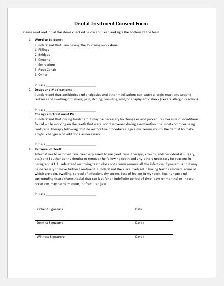 dental treatment consent form template  document