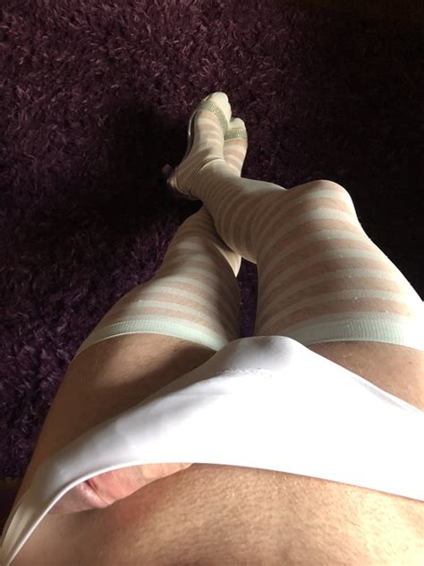 cock bulge in white panties stockings and heels 15 pics