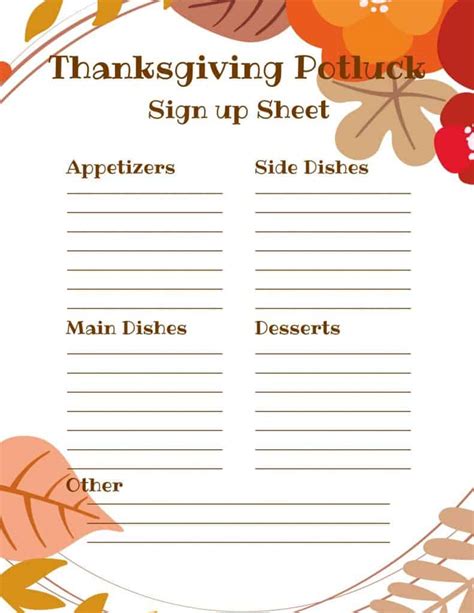 thanksgiving potluck sign  sheet