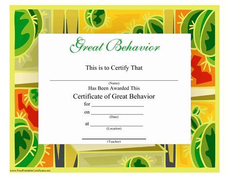 great behavior certificate template varicolored  printable