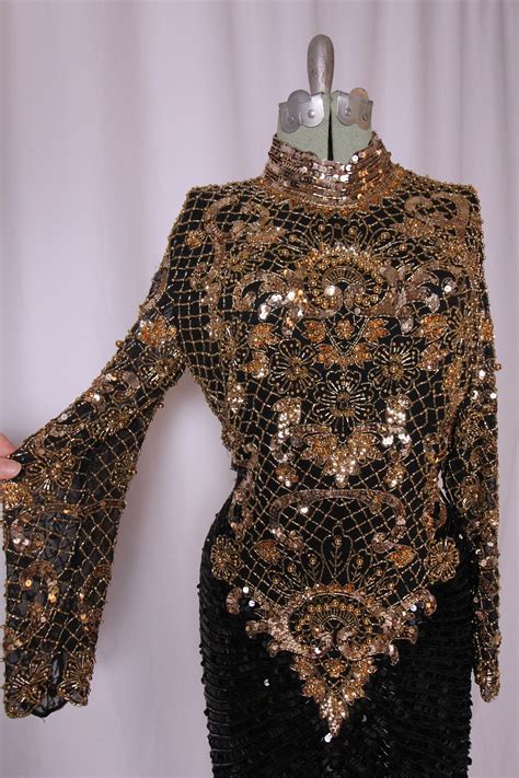Vintage Balmain Wannabe Stunning Black Sequin And Gold Beaded Gown