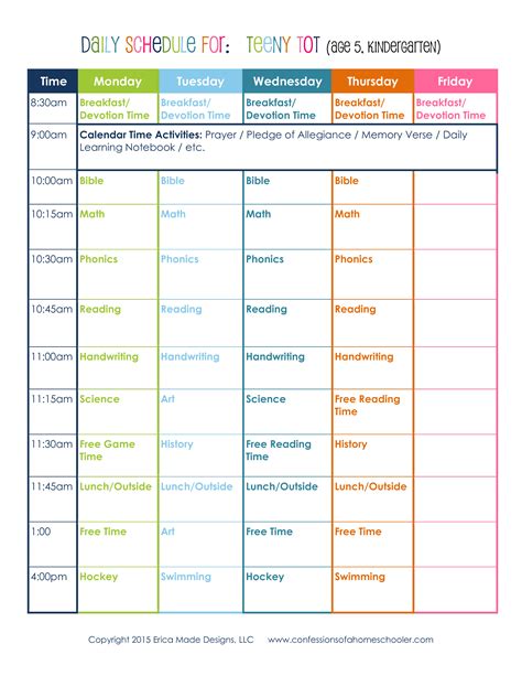 kindergarten homeschool schedule templates  allbusinesstemplatescom