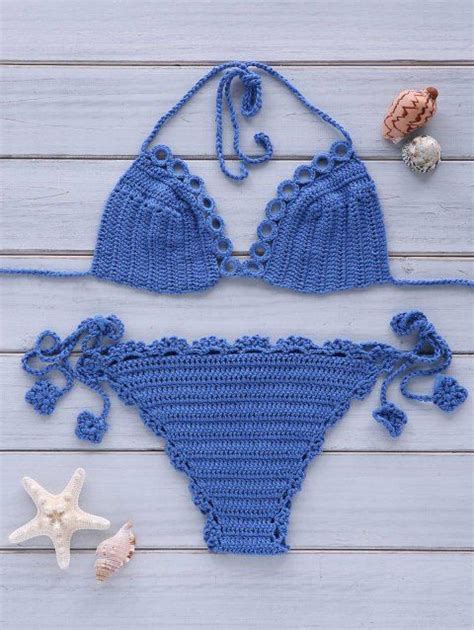 2018 sexy women s halterneck crochet solid color bikini set royal blue
