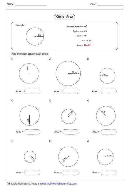 circumference  area  circle worksheets