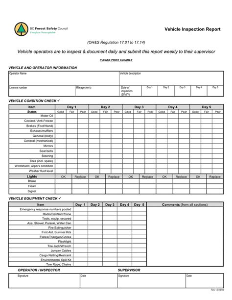 vehicle inspection form  word   formats