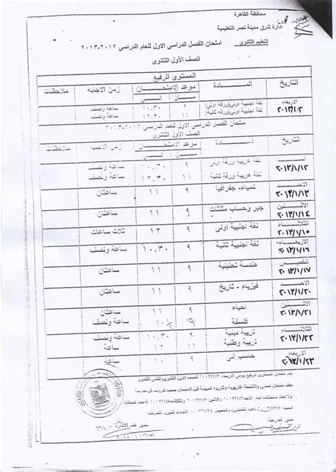 جدول امتحانات الصف الاول الثانوى محافظه القاهره الترم الاول 2012 2013 cairo