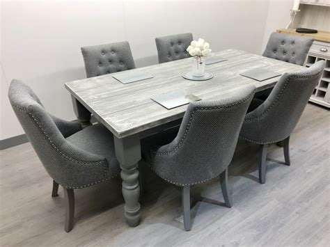 distressed grey table   grey fabric chairs farmhouse furniture