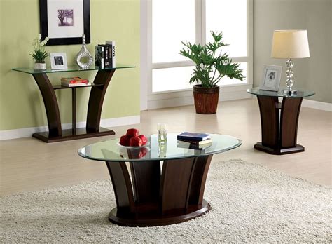 Keystone Dark Cherry Unique Wood Base Glass Top Coffee Table