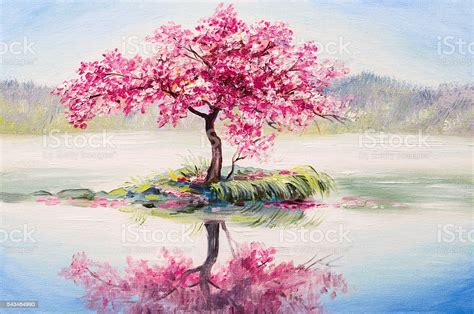 Oil Painting Landscape Oriental Cherry Tree Sakura On The Lake Stock