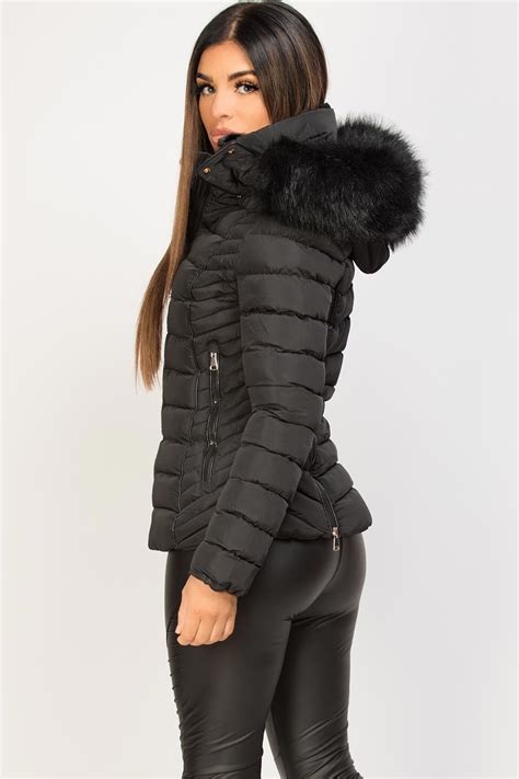 womens black puffer jacket  faux fur hood  quilted detail styledupcouk