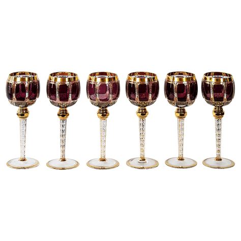 Four Antique Moser Wine Glasses Cut And Hand Decorated With Quatrefoil