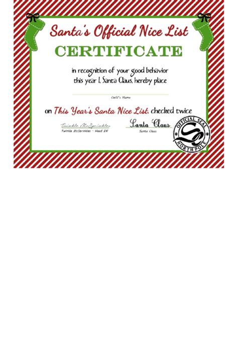 santas official nice list certificate template printable