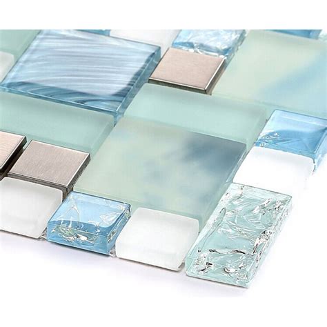 Blue Glass Mosaic Sheets Stainless Steel Backsplash