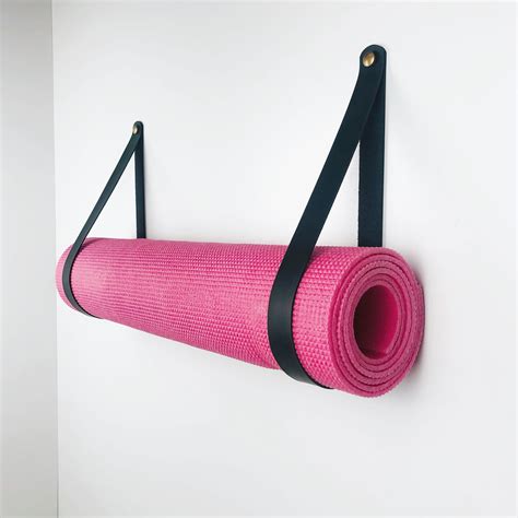 yoga mat wall rack workout gym mat holder black leather strap etsy