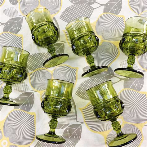 Vintage 1970s Green Glass Goblets Set Of Six Indiana Glass King S