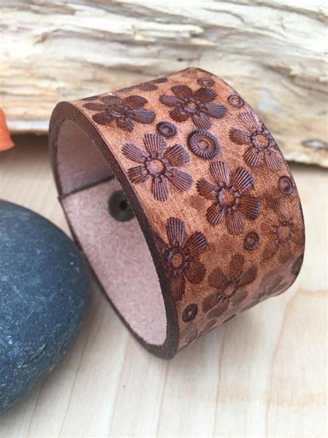 Hand Tooled Leather Cuff Bracelet Floral Boho Brown Wild Etsy Hand