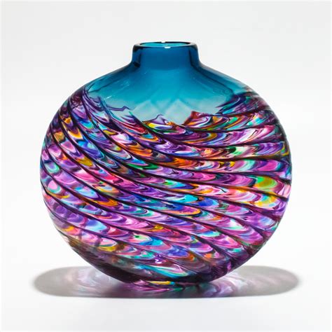 Aquamarine And Violet Optic Rib Vase By Michael Trimpol And Monique