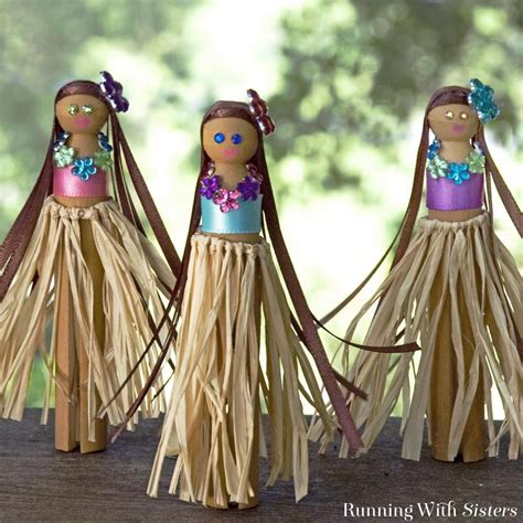 hula girl clothespin dolls running with sisters