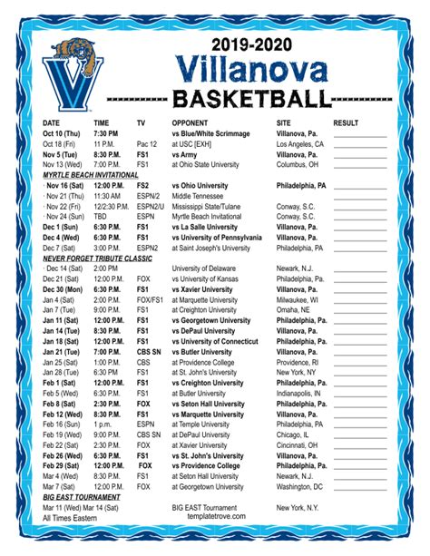 Villanova Basketball Schedule Printable