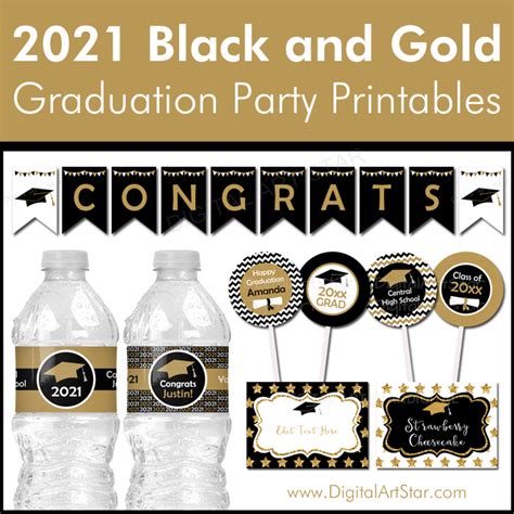 black  gold graduation party printables digital art star