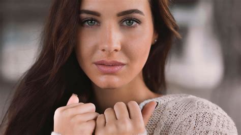 women brunette face portrait green eyes sweater wallpapers hd