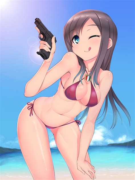 Wallpaper Gun Sea Long Hair Anime Girls Water Brunette Sky