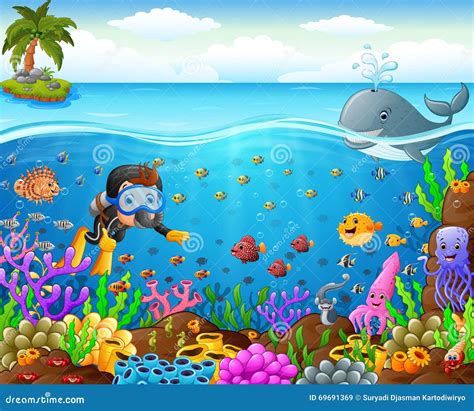 cartoon diver   sea stock vector illustration  submarine