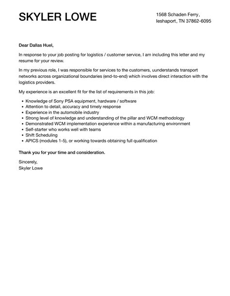 logistics customer service cover letter velvet jobs