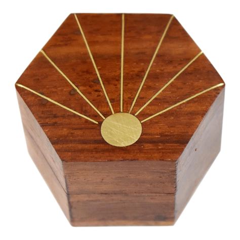 mid  century vintage hand  inlaid brass wooden hexagon box