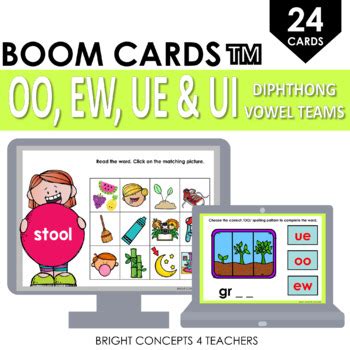 diphthong oo ew ue  ui vowel teams boom cards digital task cards