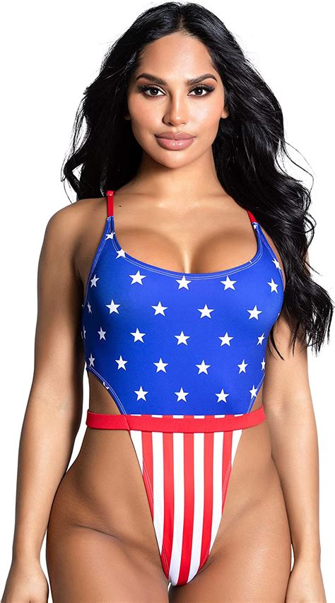 Yandy Large Blue One Piece Swimsuit Featuring American Flag Print High