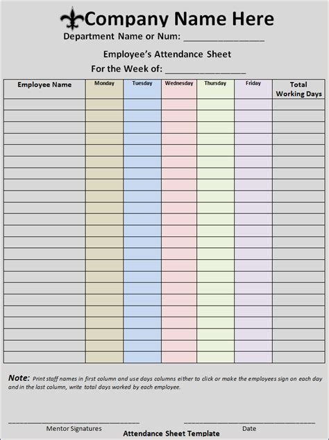 sample attendance sheet  word templates