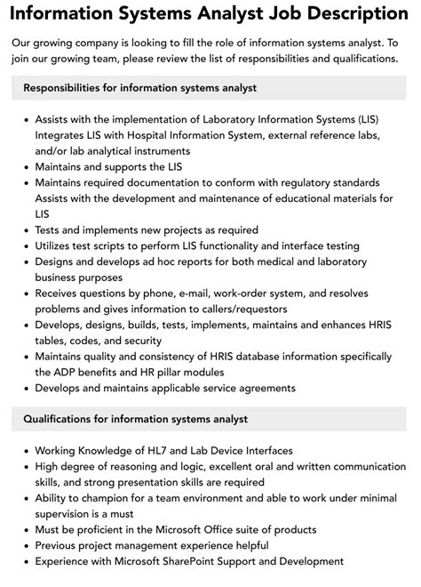 Information Systems Analyst Job Description Velvet Jobs