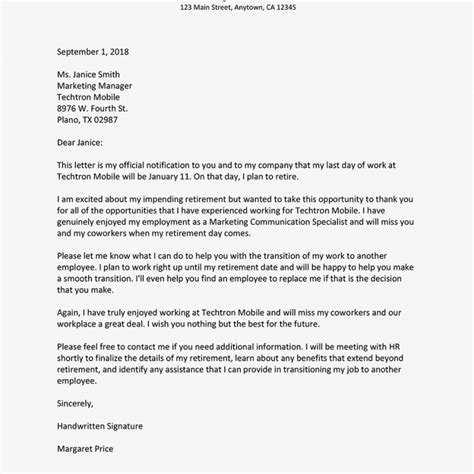 retirement resignation letter sample  letter templates
