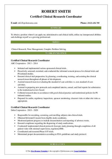 certified clinical research coordinator resume samples qwikresume