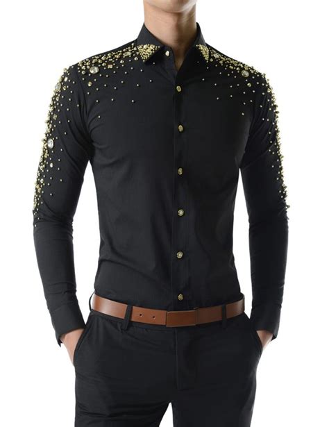 slim fit showy stretchy glitter bling long sleeve metallic beads shirts  amazon mens clothing