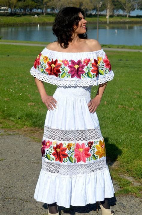 Multicolor Embroidered Off Shoulders Mexican Dress White Mexican