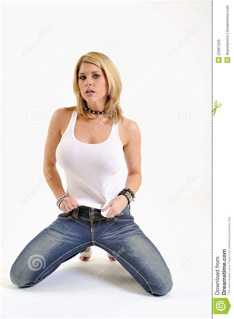 Blonde Woman In White Tank And Jeams Royalty Free Stock