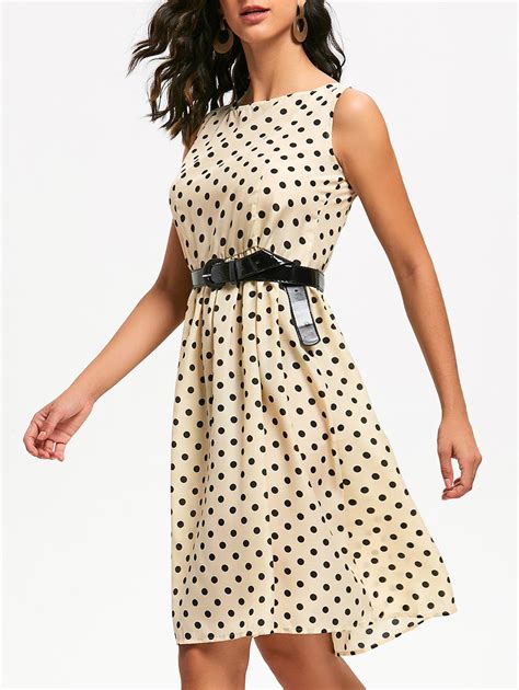 beige m retro style boat neck sleeveless polka dot dress for women