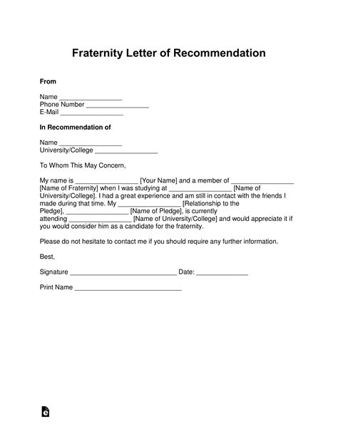 fraternity letter  recommendation template  samples