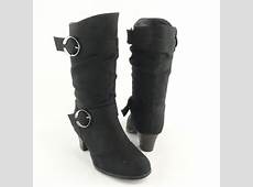 Girls' Mid Calf Slouchy High Heel Buckle Boots Suede Black Sizes 9 4