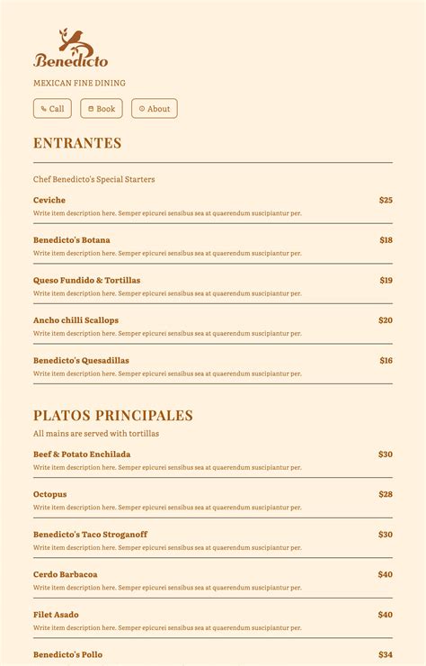 mexican fine dining restaurant  menu template menuzen