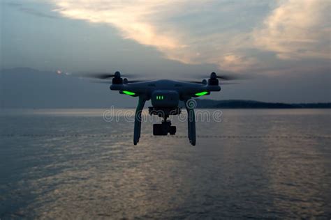 professional drone  green lights stock image image  skies photographing