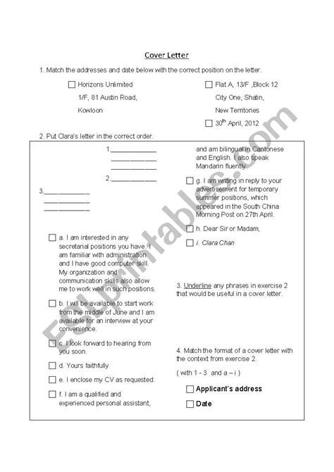 cover letter esl worksheet  teacherdw