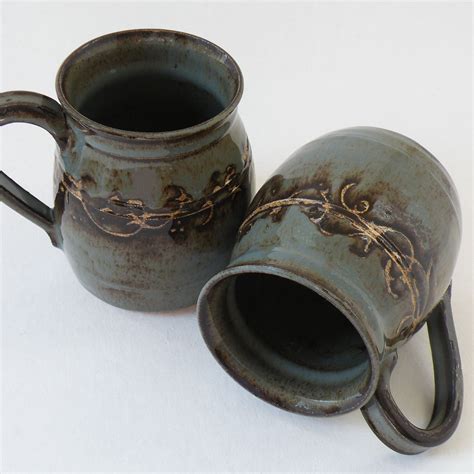handmade  oz stoneware coffee mug decorative gray blue